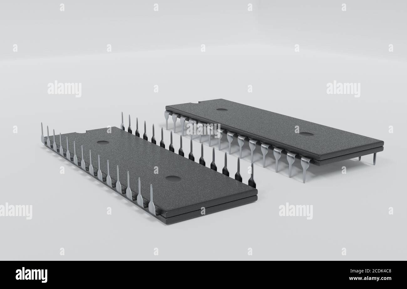 Primo piano del vecchio microchip del microprocessore retrò dai computer degli anni '80 e '90. Illustrazione 3D Foto Stock