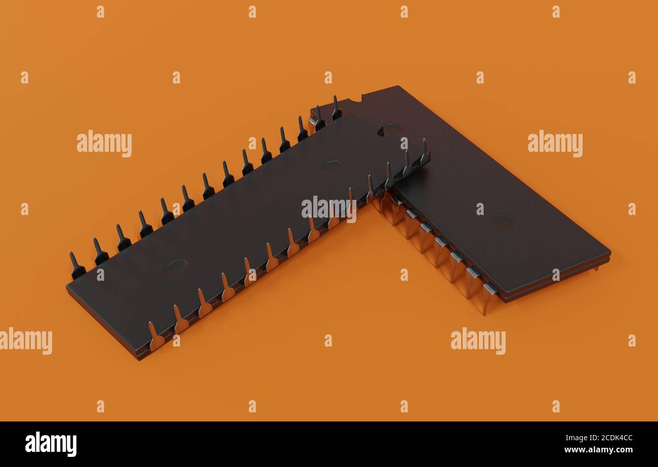 Primo piano del vecchio microchip del microprocessore retrò dai computer degli anni '80 e '90. Illustrazione 3D Foto Stock