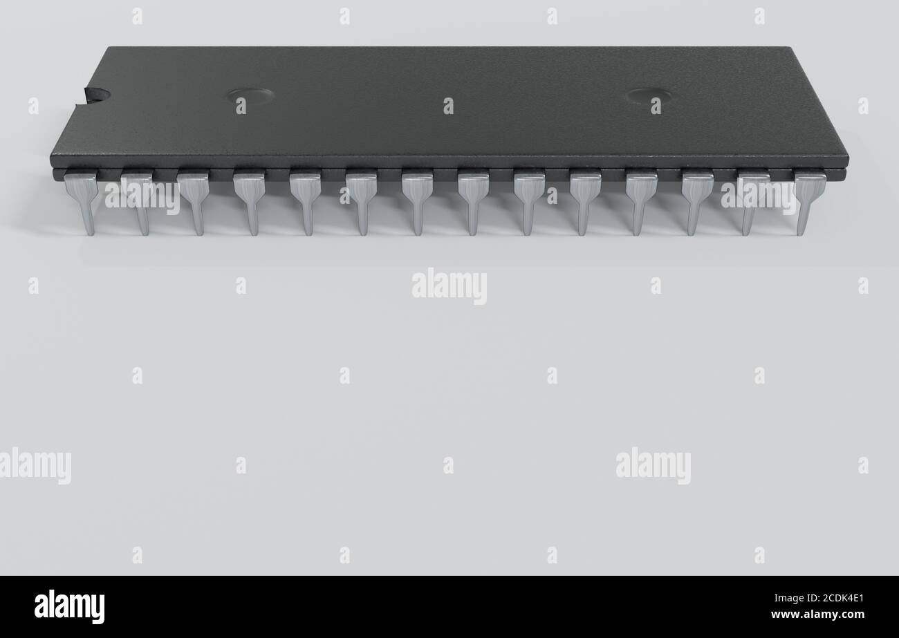 Primo piano del vecchio microchip del microprocessore retrò dai computer degli anni '80 e '90. Illustrazione 3D Foto Stock