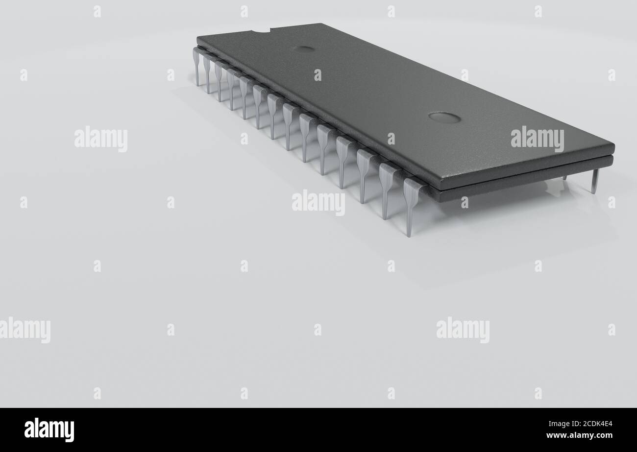 Primo piano del vecchio microchip del microprocessore retrò dai computer degli anni '80 e '90. Illustrazione 3D Foto Stock