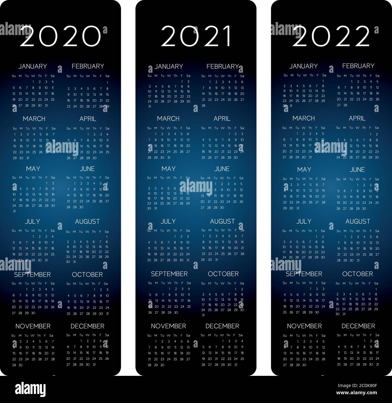 Fila verticale calendario 2020-2021-2022 testo vettoriale è font outline è armata Illustrazione Vettoriale