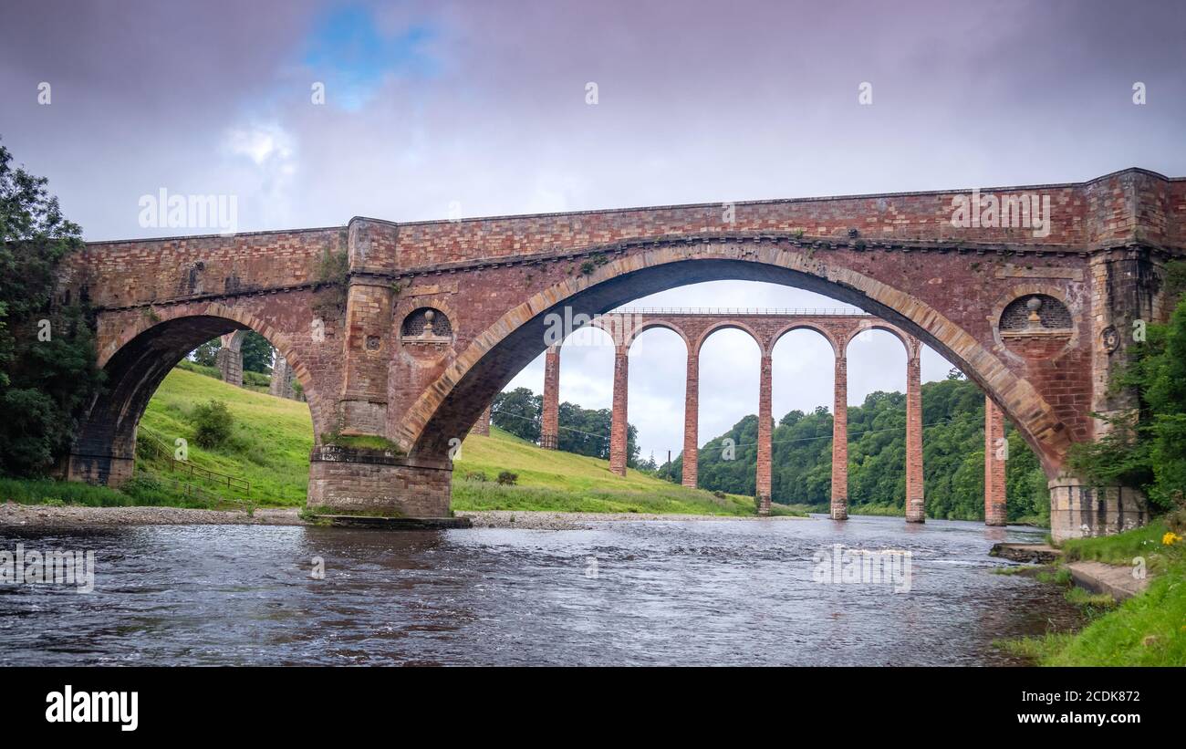 Leaderfoot Viadotto attraverso il Drygrange Old Bridge. Foto Stock