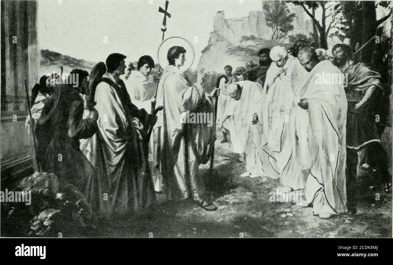 . Collezione di monografie illustra . CESARE MARIANI : IL BATTESIMO DI POLISIA. AFF RESCO NEL DUOMO. (Fot, Sansoni).. CESARE MARIANI : EPISODIO DELLA VITA DI S, EMIDIO. AFFRESCO NEL DUOMO. (Punto Sansoni). 1^.6 ITALIA ARTISTICA nel 1860, dopo la battaglia di Castelfidardo, che liberò le ]Iarca dal giogo pa-pallido, Ascoli div^enne capoluogo di provincia. Durata il secolo scorso non vi fu per moltissimi anni in questa città unagrande produzione di opere darte. Vi furono invece alcuni periodi di tempo fun-stissimi per il suo patrimonio artistico ; imperocché Foto Stock