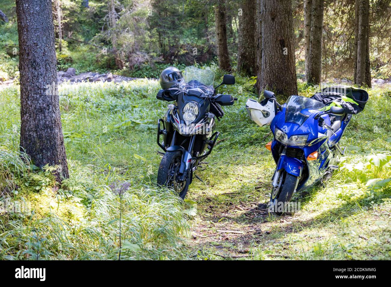 TONADICO TRENTINO/ITALY - AGOSTO 11 : due moto parcheggiate nel Parco Naturale del Paneveggio pale di San Martino in Tonadico, Trentino, Italia il 11 agosto 2020 Foto Stock