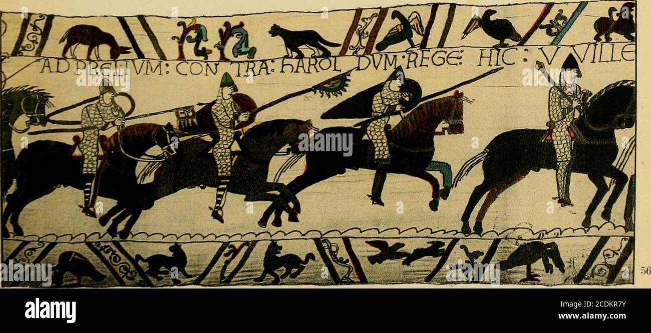 . Il libro degli arazzi di Bayeux : . così raffigurato è Guglielmo stesso, e di conseguenza che il cavallo è il cavallo thatSpanish che Alfonso aveva dato a Guglielmo, e che il suo leader è il vecchio Liegeman Williams, Walter Giffard, che lo aveva riportato con himfrom Spagna. Ora questa, come tali masse di Freeman !, non è solo congettura, è congettura di alsofalse. Dovunque William appare è chiamato Guglielmo, ed è inconcepibile nelle condizioni del tempo che la sua figura dovrebbe essere givenunder i cavalieri di nome generale. Né la figura convenzionale conduce avanti lo stallone un uomo anziano; è, se Foto Stock