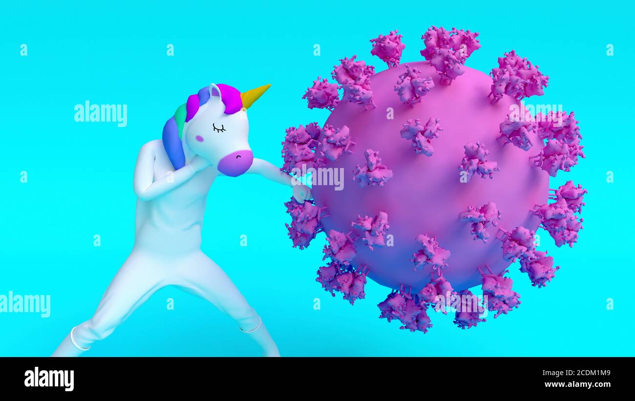 Unicorno che combatte il coronavirus, illustrazione concettuale. Foto Stock