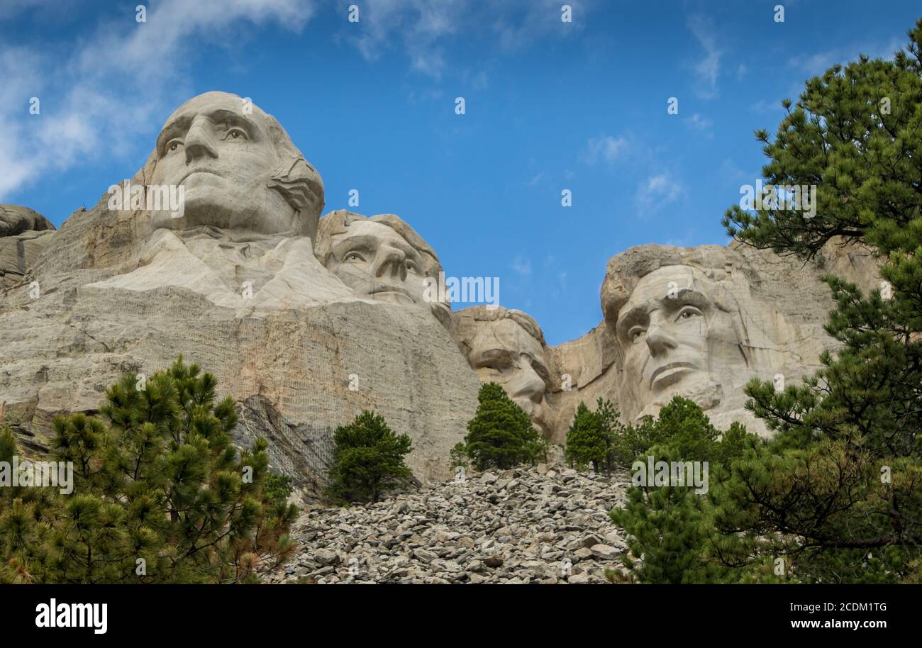 George Washington, Thomas Jefferson, Abraham Lincoln e Theodore Roosevelt scavati nel Monte Rushmore a Rapid City, South Dakota Foto Stock