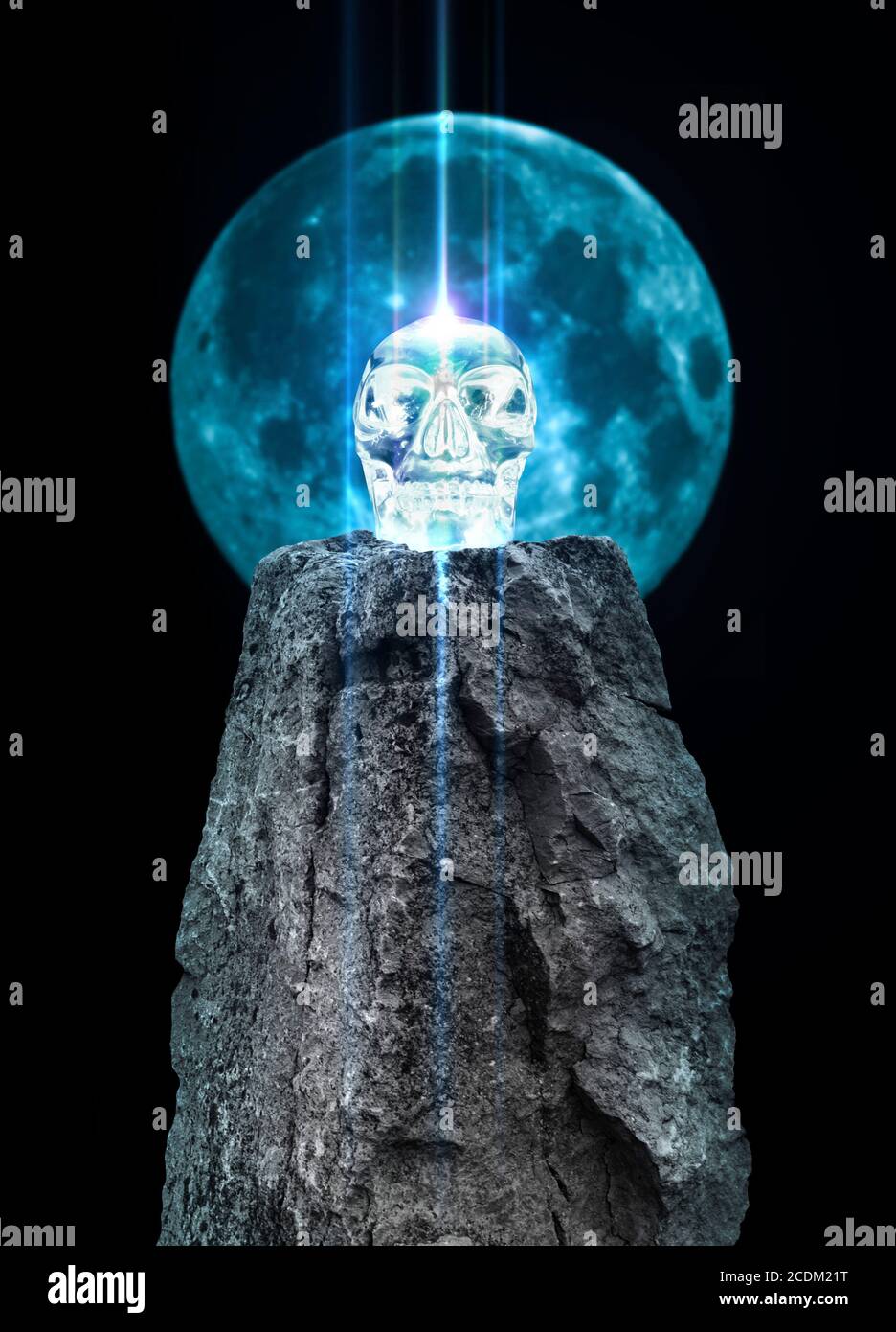 Pietra in piedi con cranio di cristallo e Luna, illustrazione. Foto Stock