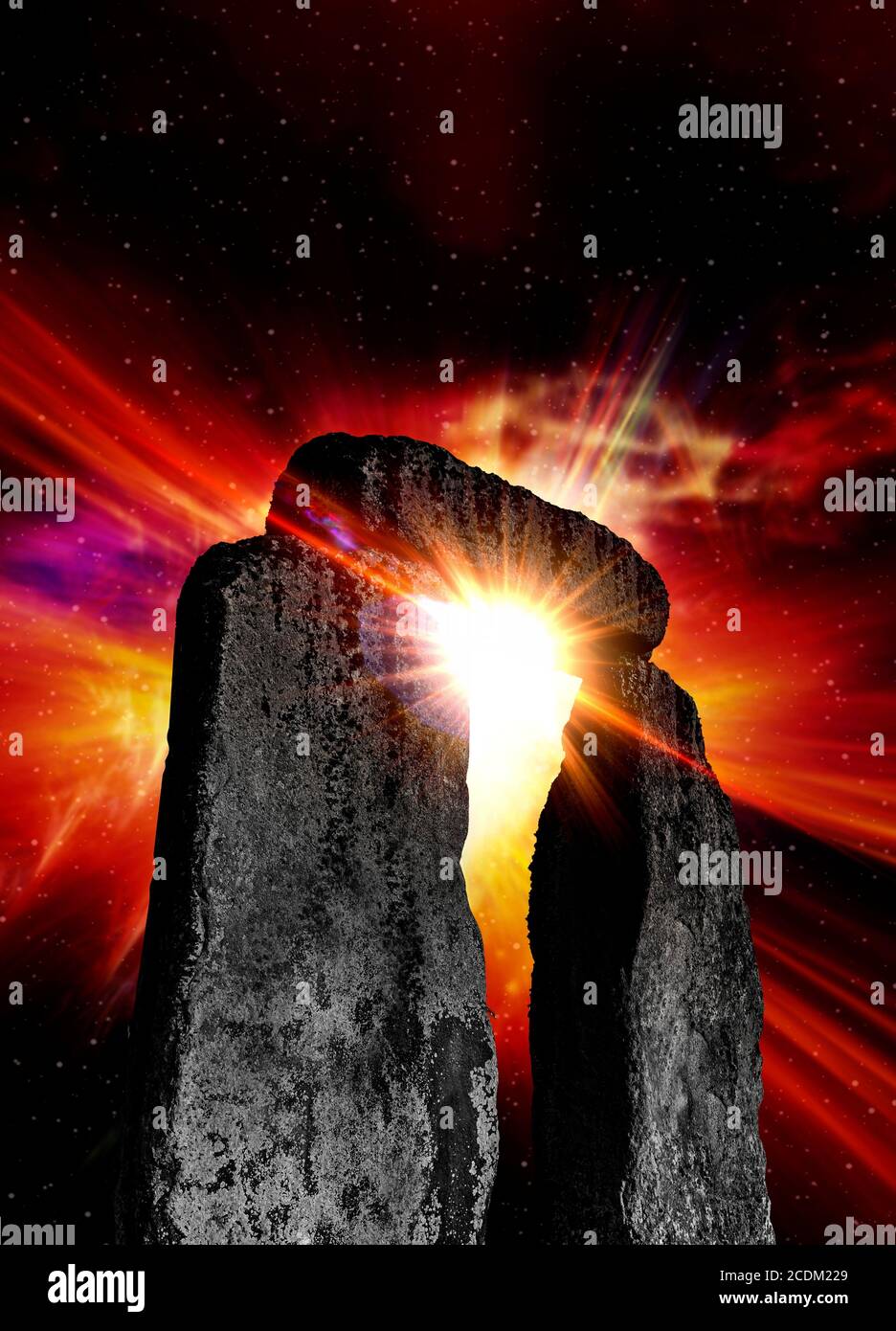 Sole che splende attraverso la pietra in piedi, illustrazione. Foto Stock