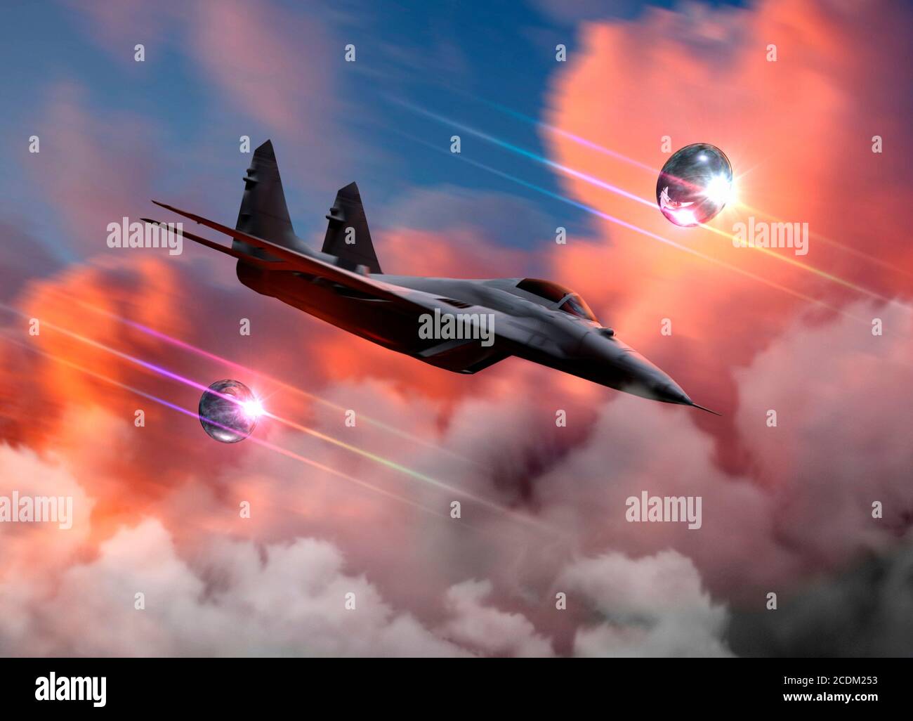 Oggetti volanti non identificati (UFO) e un jet da combattimento, illustrazione. Foto Stock