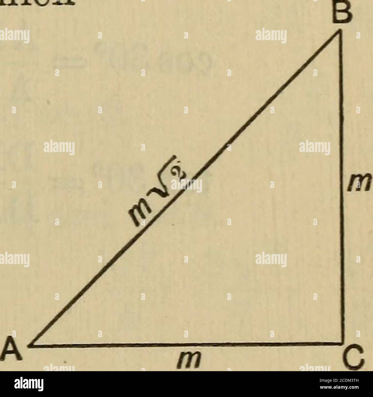 . Un trattato sulla trigonometria piana e sferica, e le sue applicazioni all'astronomia e alla geodesia, con numerosi esempi . RELAZIONI TRA FUNZIONI. °1 A AB AB A-P COSEC A = = - = AB. BC 1 ora AC = sin A = = ±Vc(BCAB AB 3sec2A - 1. 1cosecA cosa =Tana = Vcosec2A -cosecA + 1 -i -A-C Vcosec2A - 1 e similmente le altre funzioni possono essere espresse in termsof cosec A.. 26. Per trovare le funzioni trigonometriche di 45°. LetABC essere un triangolo isoscele destro in cui CA = CB.Then CAB = CBA = 45°.Let AC = m = CB. £y quindi AB2 = AC2 + CB2 = m2 + m2 = 2m2..-. AB = mV2. BC = m   1AB mV2AC^ m AB. Sin45° = Foto Stock