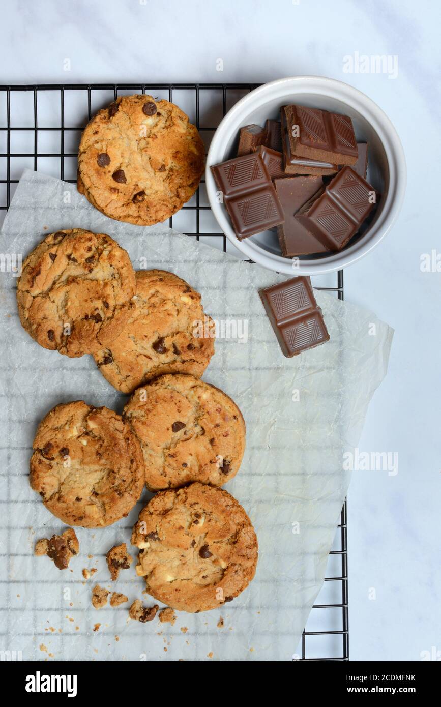 Biscotti al cioccolato sulla griglia e pezzi di cioccolato in shell, Germania Foto Stock