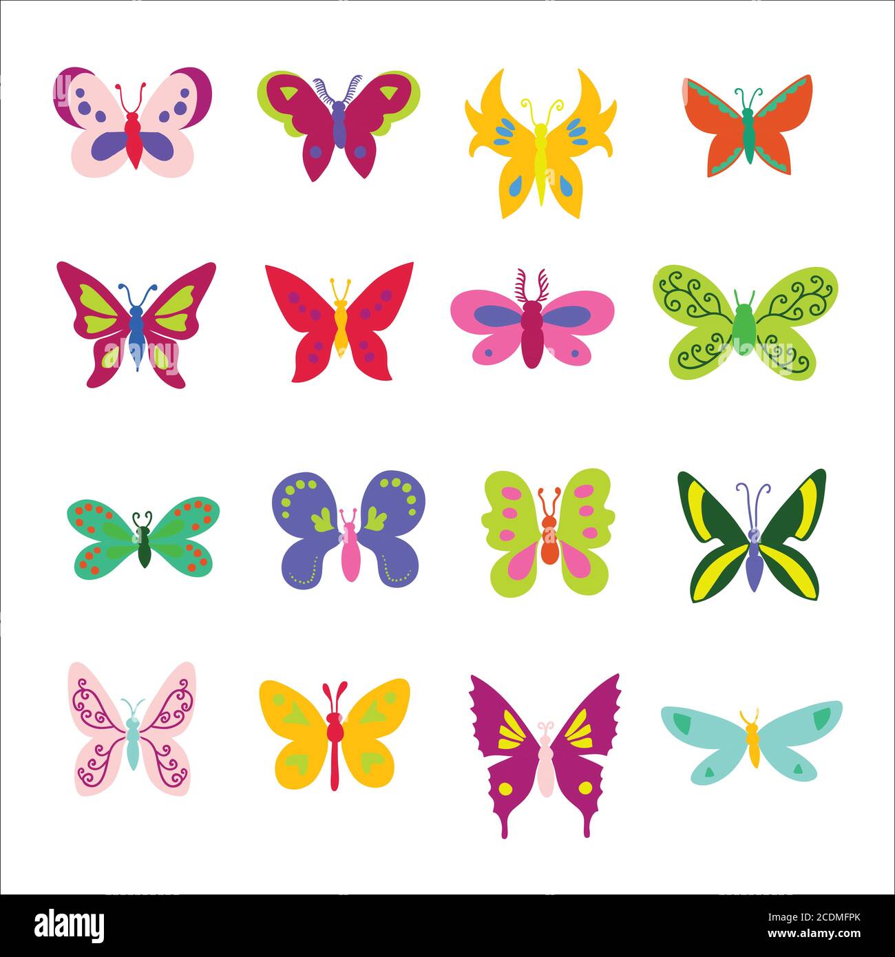 Grande set di farfalle minimaliste luminose e colorate. Illustrazione Vettoriale