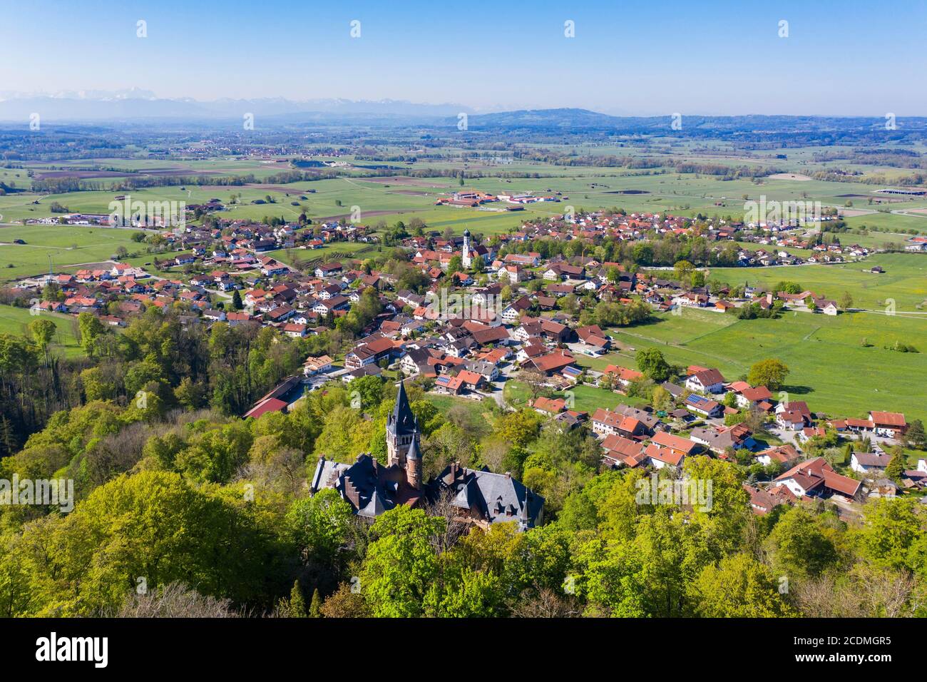 Alto Castello Paehl, Paehl, vista aerea, cinque laghi paese, Alpino Foreland, alta Baviera, Baviera, Germania Foto Stock