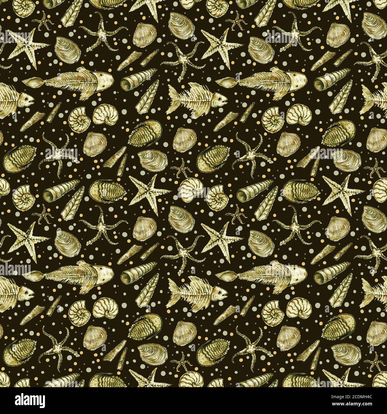 Modello senza giunture di conchiglia disegnata a mano, ammoniti, trilobiti e altri animali fossili Foto Stock