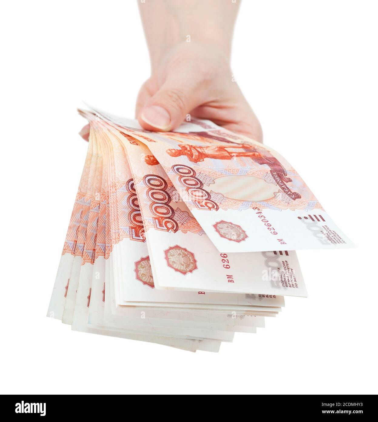 Mano offrire grandi soldi russi Foto Stock
