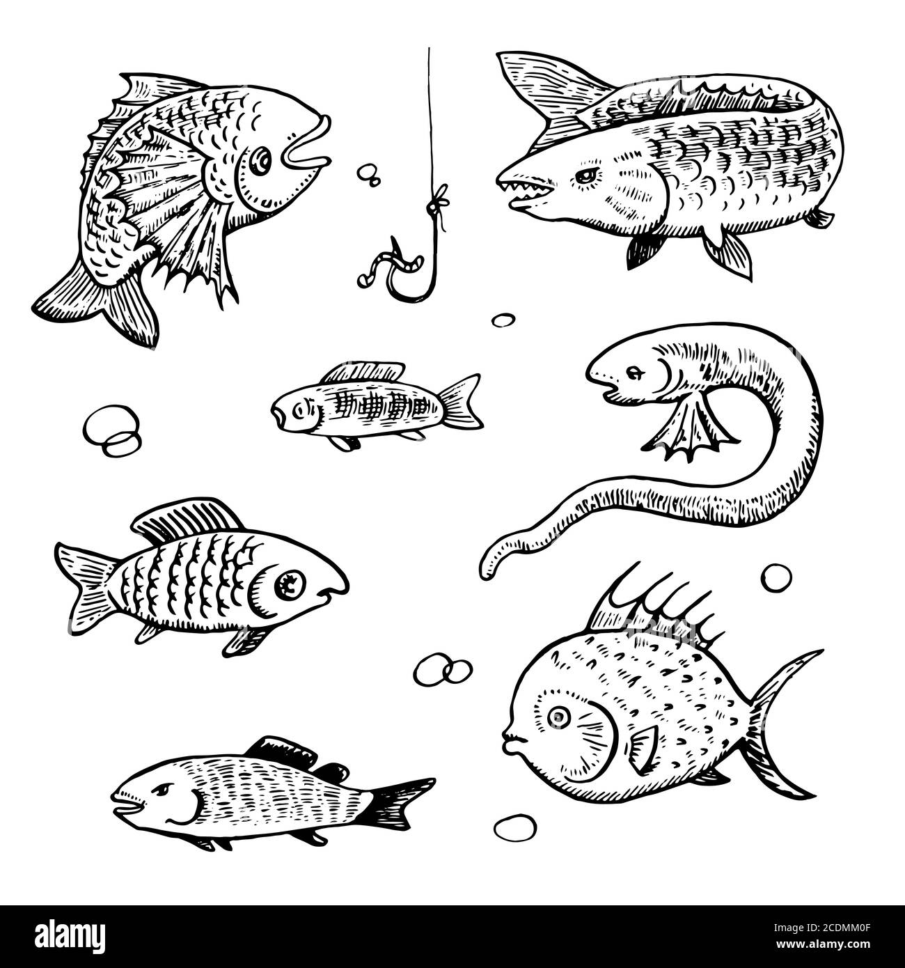 Set di inchiostro disegnato arrabbiato pesci cartone animato. Illustrazione Vettoriale