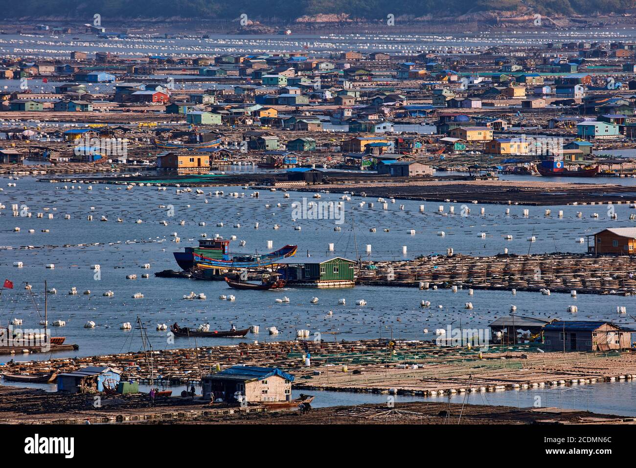 Città galleggiante in baia, case su costruzioni di bambù con acquaculture, Xiapu, Cina Foto Stock