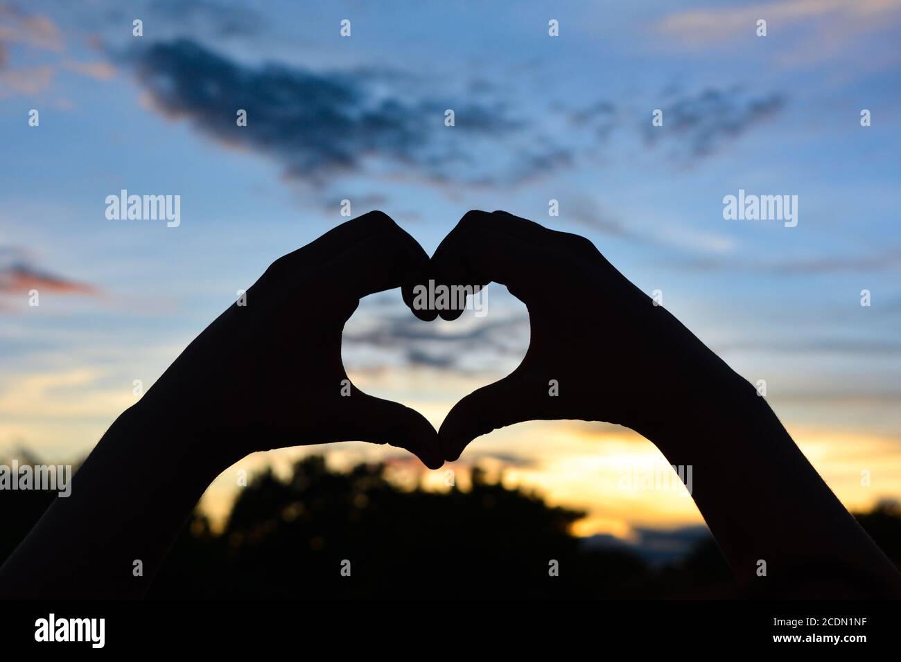 Silhouette a forma di cuore con tramonto, concetto di San Valentino. Foto Stock