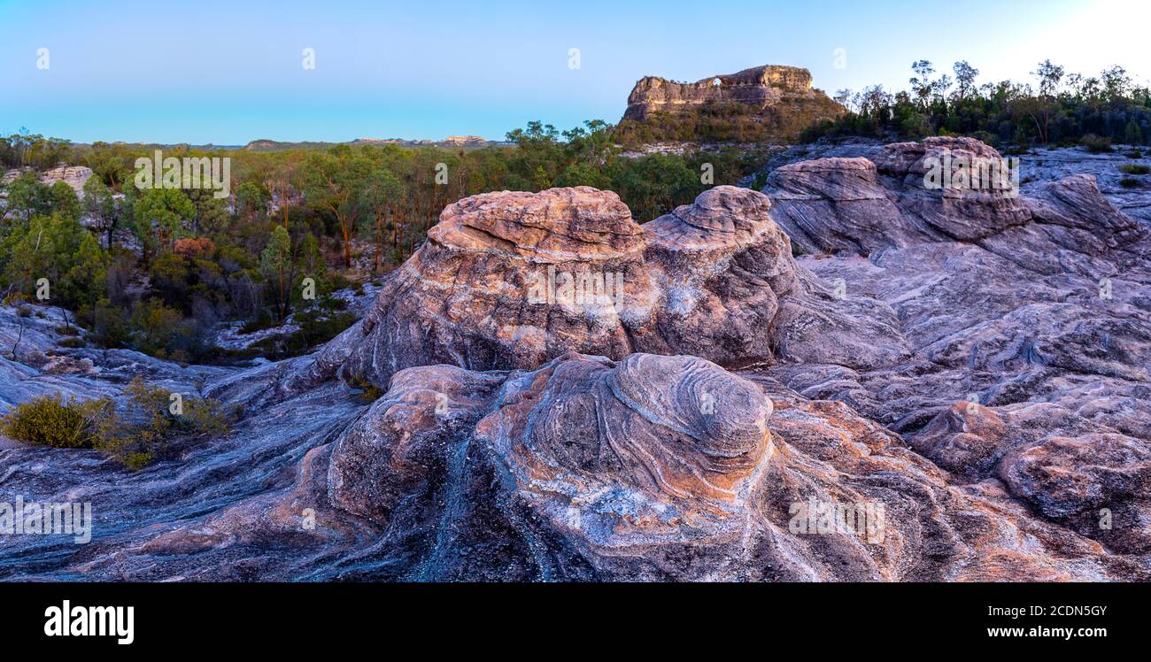 Formazione di pietra arenaria agli albori con Spyglass Peak sullo sfondo. Salvator Rosa Sezione Parco Nazionale Carnarvon, Queensland, Australia Foto Stock