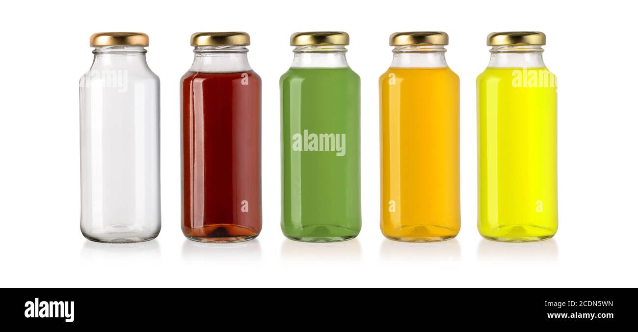 bottiglie di succo isolato su bianco con flacone vuoto Foto Stock