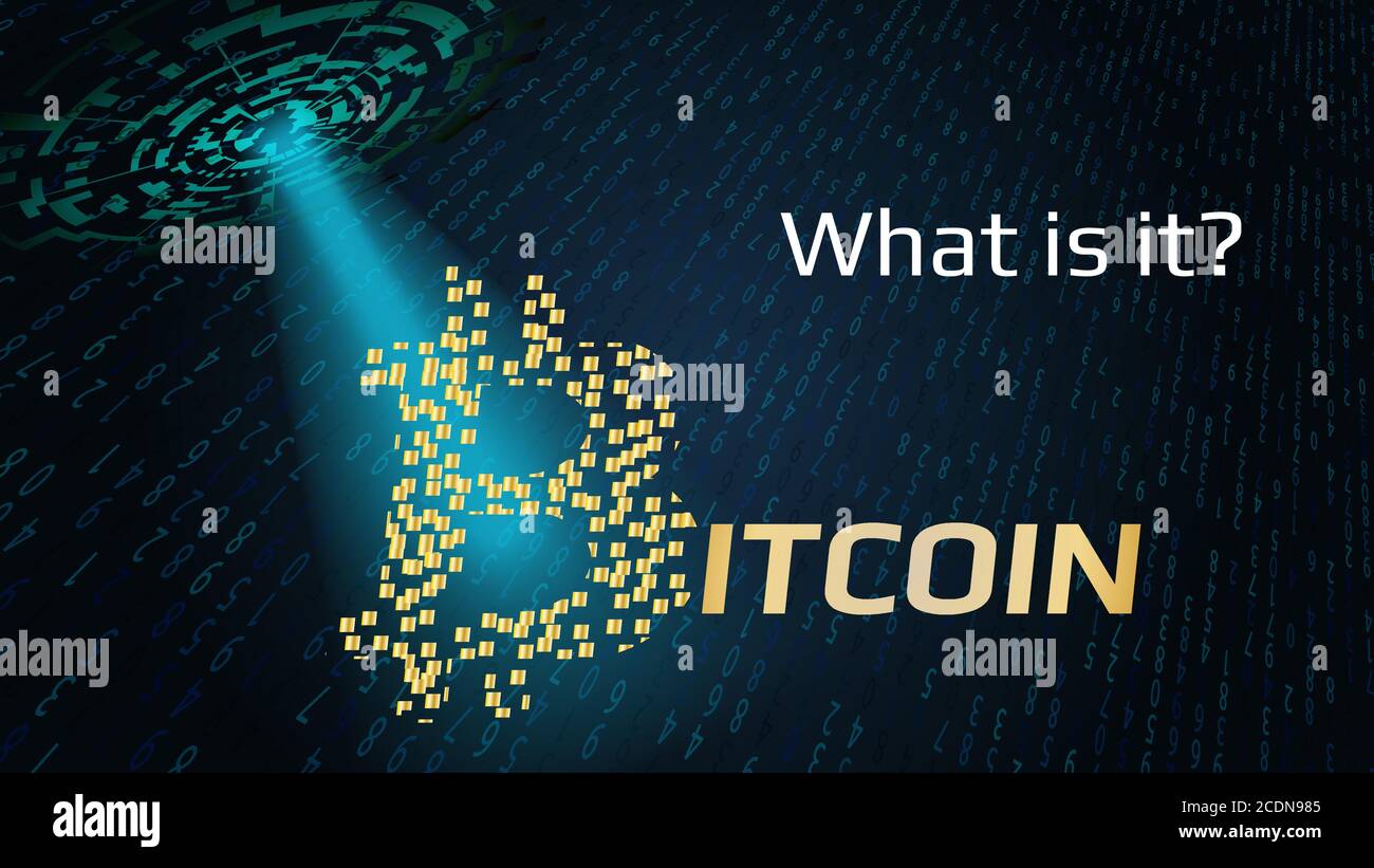 Astratto UFO brilla un raggio di luce sull'iscrizione Bitcoin con la domanda che cosa è. Il logo Bitcoin è fatto di blocchi d'oro. Illustrazione Vettoriale