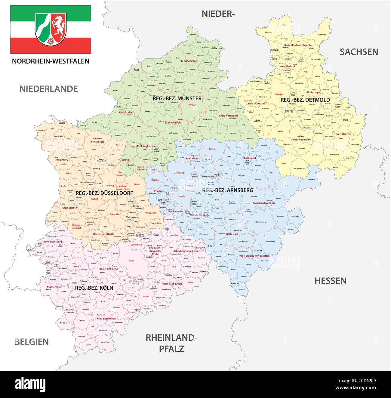 Mappa amministrativa vettoriale dello stato della Renania Settentrionale-Vestfalia con bandiera in lingua tedesca, Germania Illustrazione Vettoriale