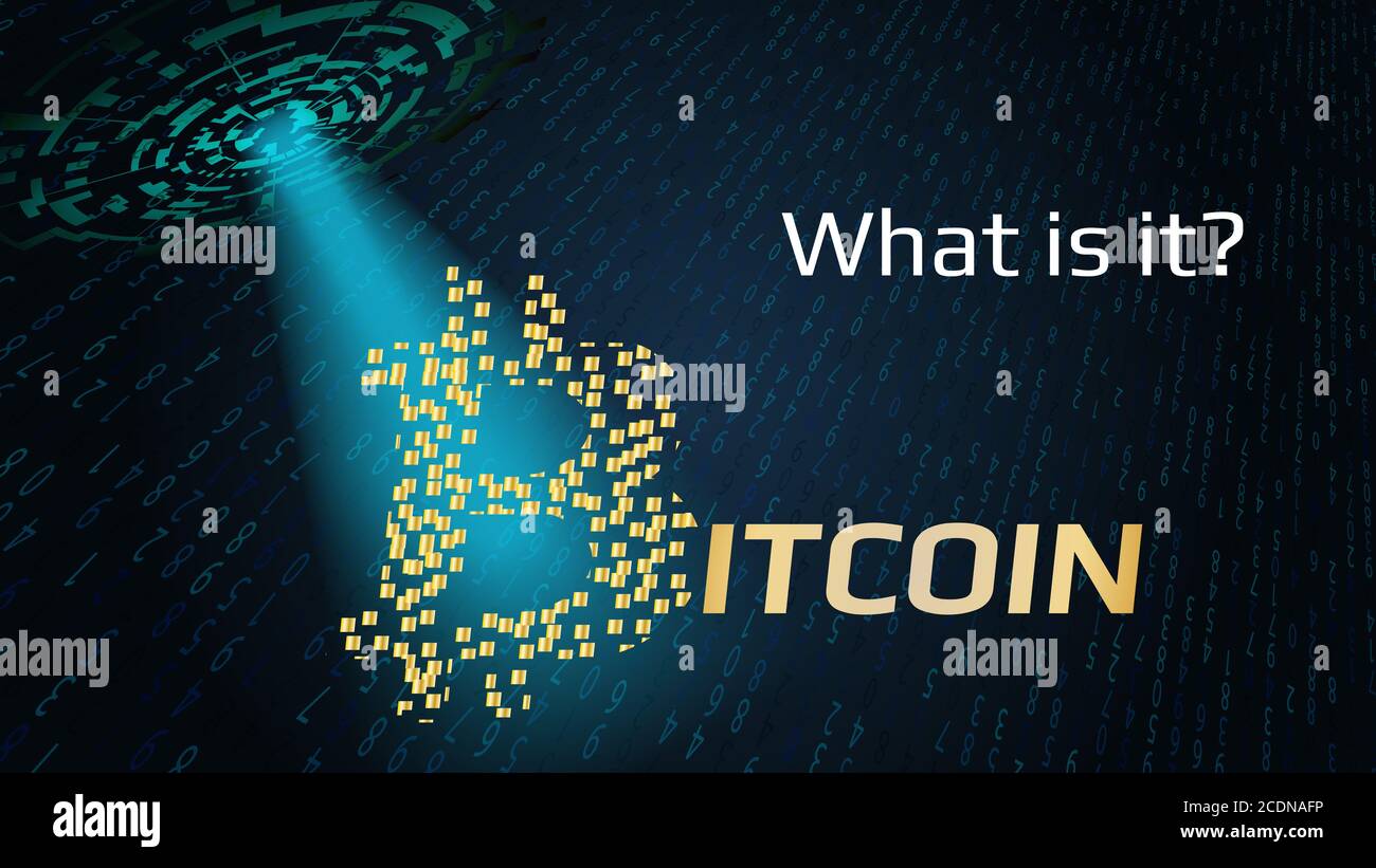 Astratto UFO brilla un raggio di luce sull'iscrizione Bitcoin con la domanda che cosa è. Il logo Bitcoin è fatto di blocchi d'oro. Retro scuro digitale Foto Stock