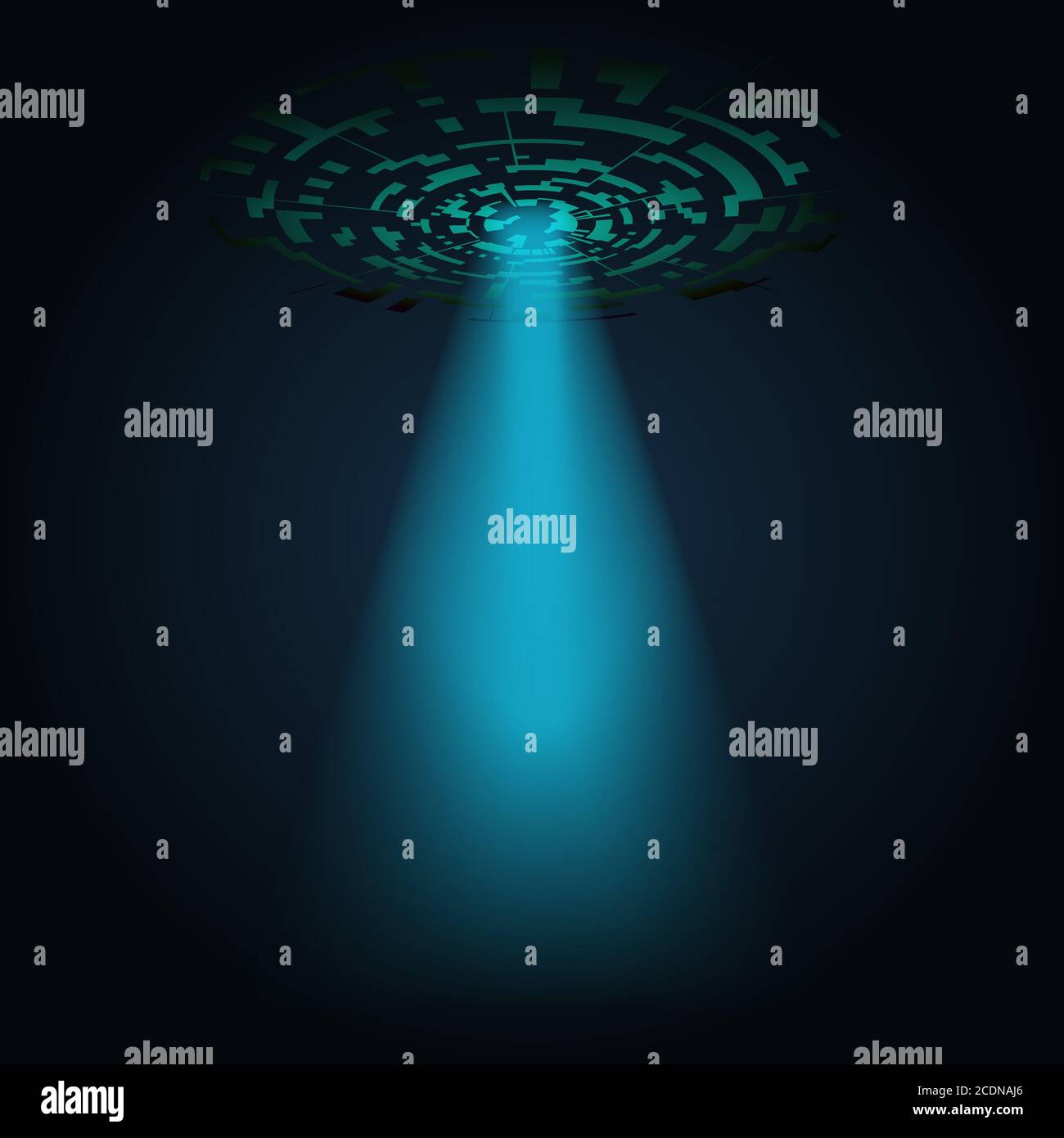 UFO astratto digitale con un raggio di luce che splende su uno sfondo scuro. Forma geometrica dell'anello. EPS vettoriale 10. Foto Stock