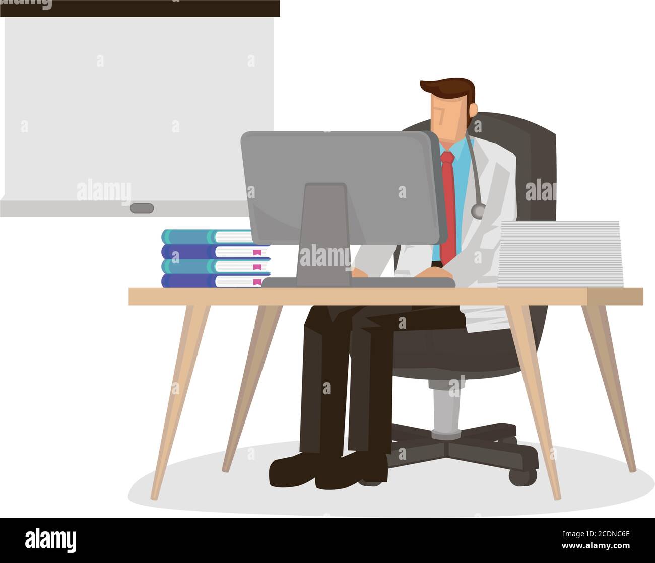 Medico che lavora alla sua scrivania all'interno del suo ufficio. Illustrazione vettoriale. Illustrazione Vettoriale