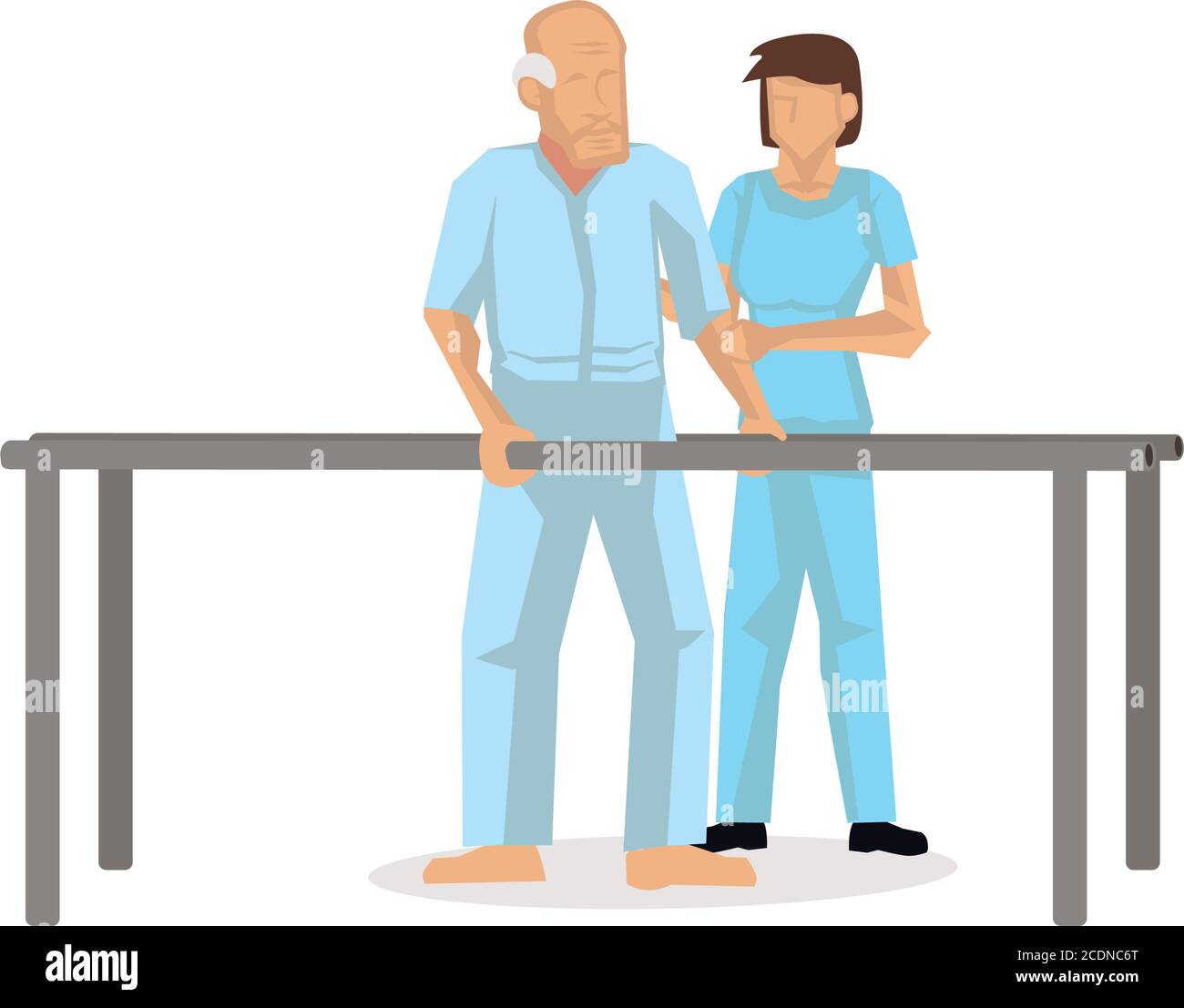 Fisioterapista in piedi da un paziente anziano che cammina durante una terapia di riabilitazione. Illustrazione vettoriale Illustrazione Vettoriale