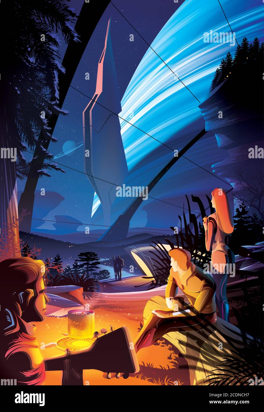 Un'illustrazione vettoriale futuristica che caratterizza l'umanità in futuro sta godendo il fuoco all'interno del massiccio habitat su un altro pianeta da qualche parte nella Illustrazione Vettoriale