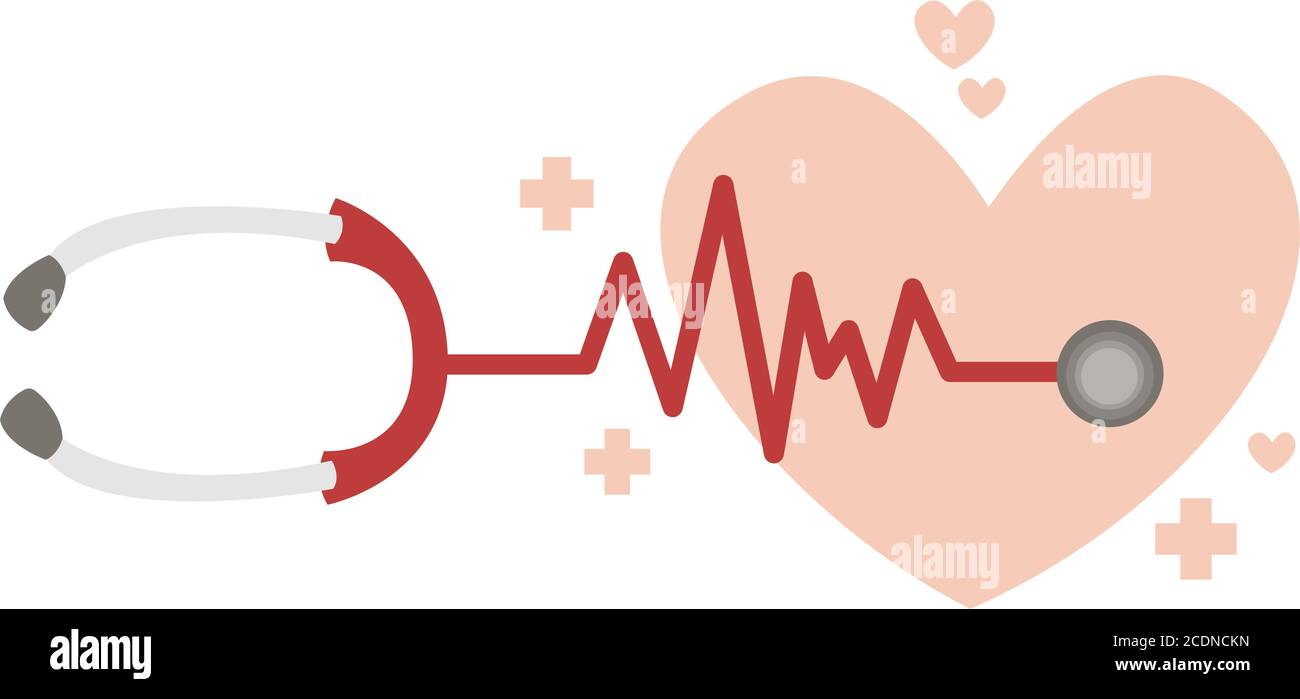 Stetoscopio con battito cardiaco. Concetto di salute e medicina. Immagine vettoriale isolata e piatta su sfondo bianco. Illustrazione Vettoriale