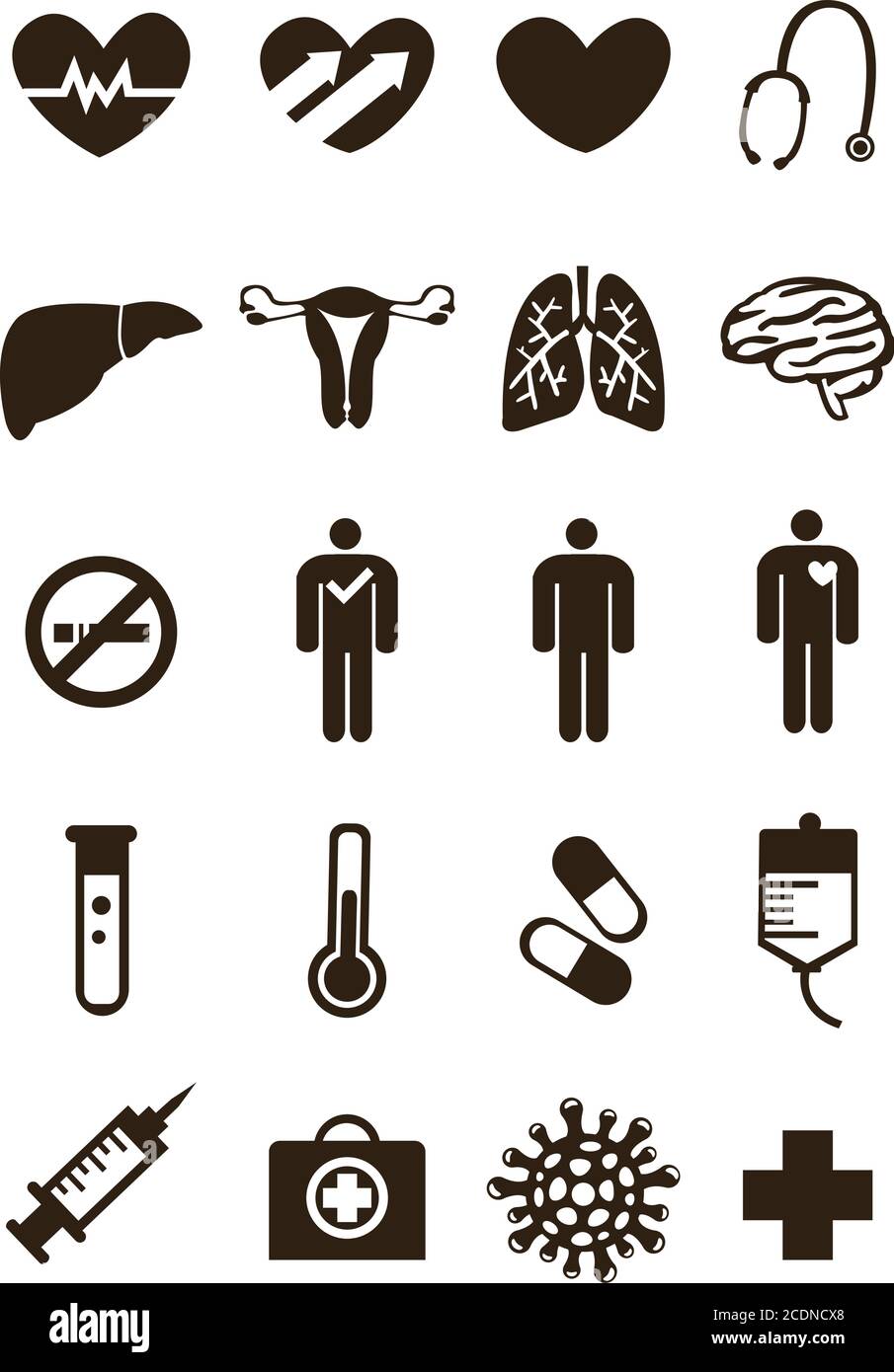 Insieme di icone mediche e scientifiche inclusi polmoni, cuore; fegato; cervello; batteri, trasmissione di virus, scatola di pronto soccorso, polmonite, pillola, smettere di fumare segno, Illustrazione Vettoriale
