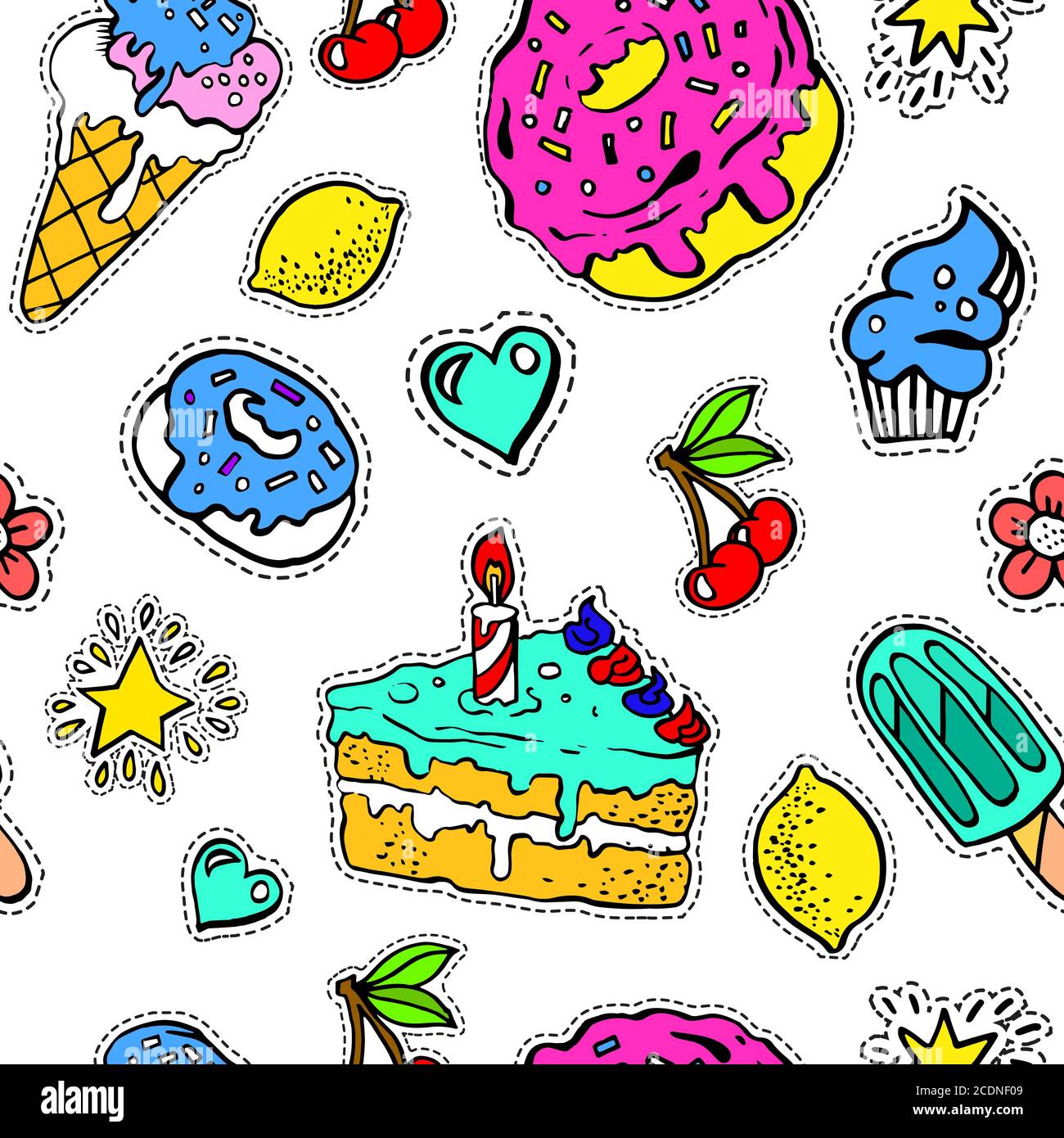 Torta di compleanno, ciambelle e gelati dolci modello senza cuciture Illustrazione Vettoriale