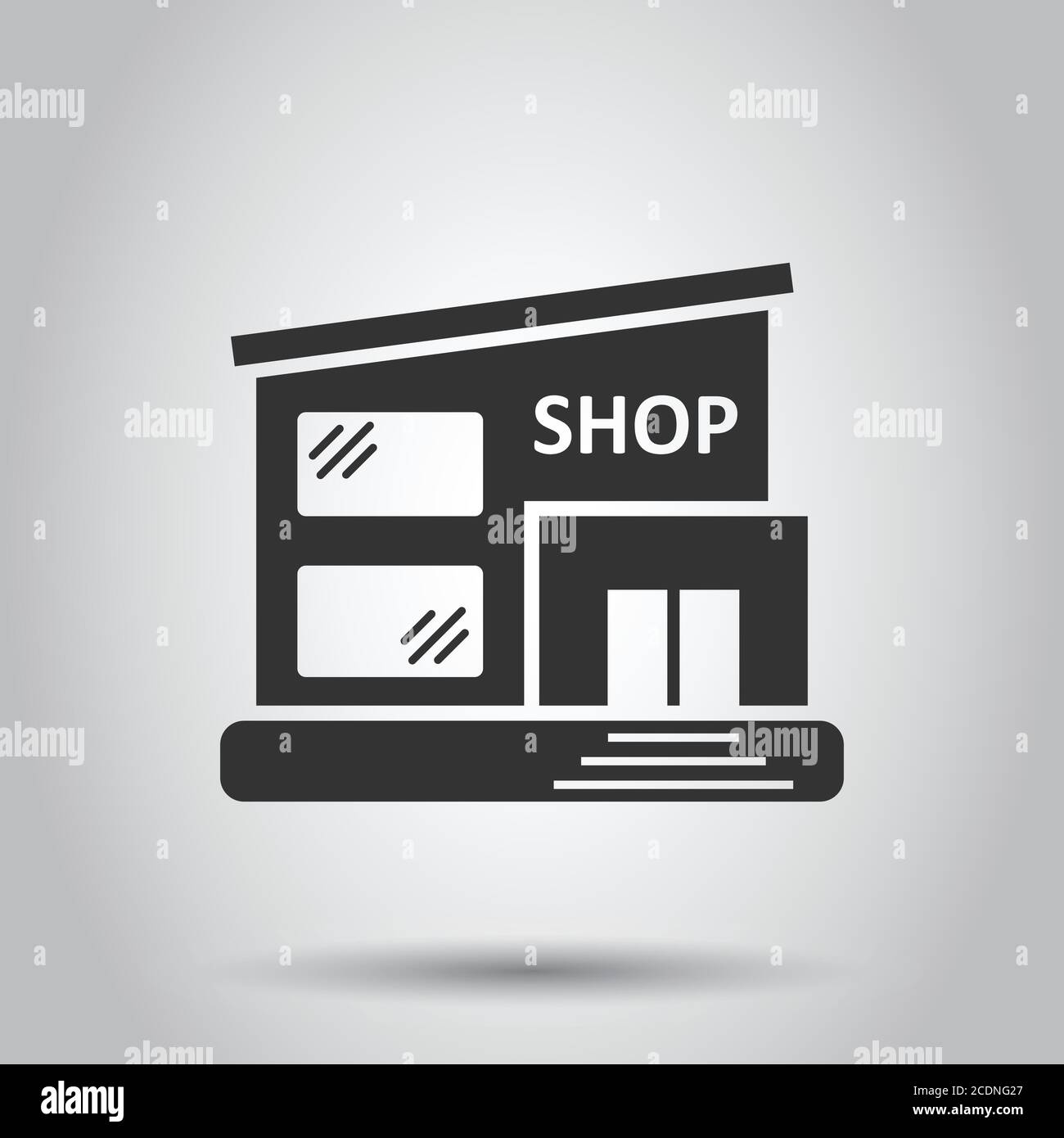 Icona del centro commerciale in stile appartamento. Store illustrazione vettoriale bianco su sfondo isolato. Negozio di concetto di business. Illustrazione Vettoriale