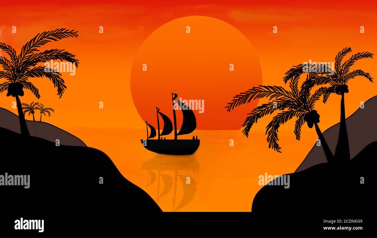 Un tramonto con barca in un oceano e palme su montagna con effetto ombra illustrazione pittura vettore stock. Illustrazione Vettoriale