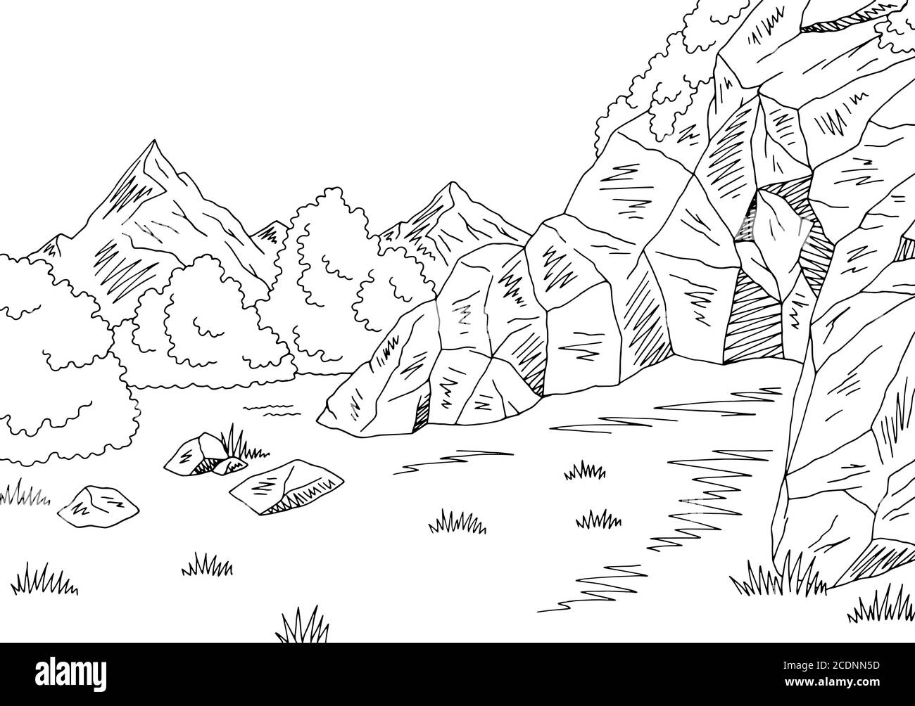 Grotta grafica nero bianco montagna paesaggio illustrazione vettore Illustrazione Vettoriale