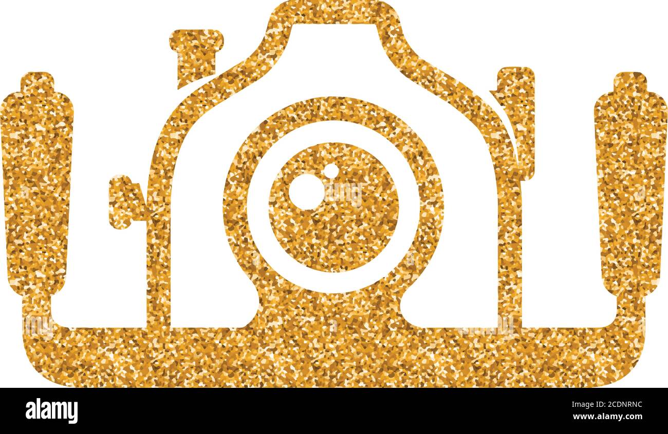 Icona della fotocamera subacquea con texture glitter oro. Scintillante illustrazione vettoriale di stile di lusso. Illustrazione Vettoriale