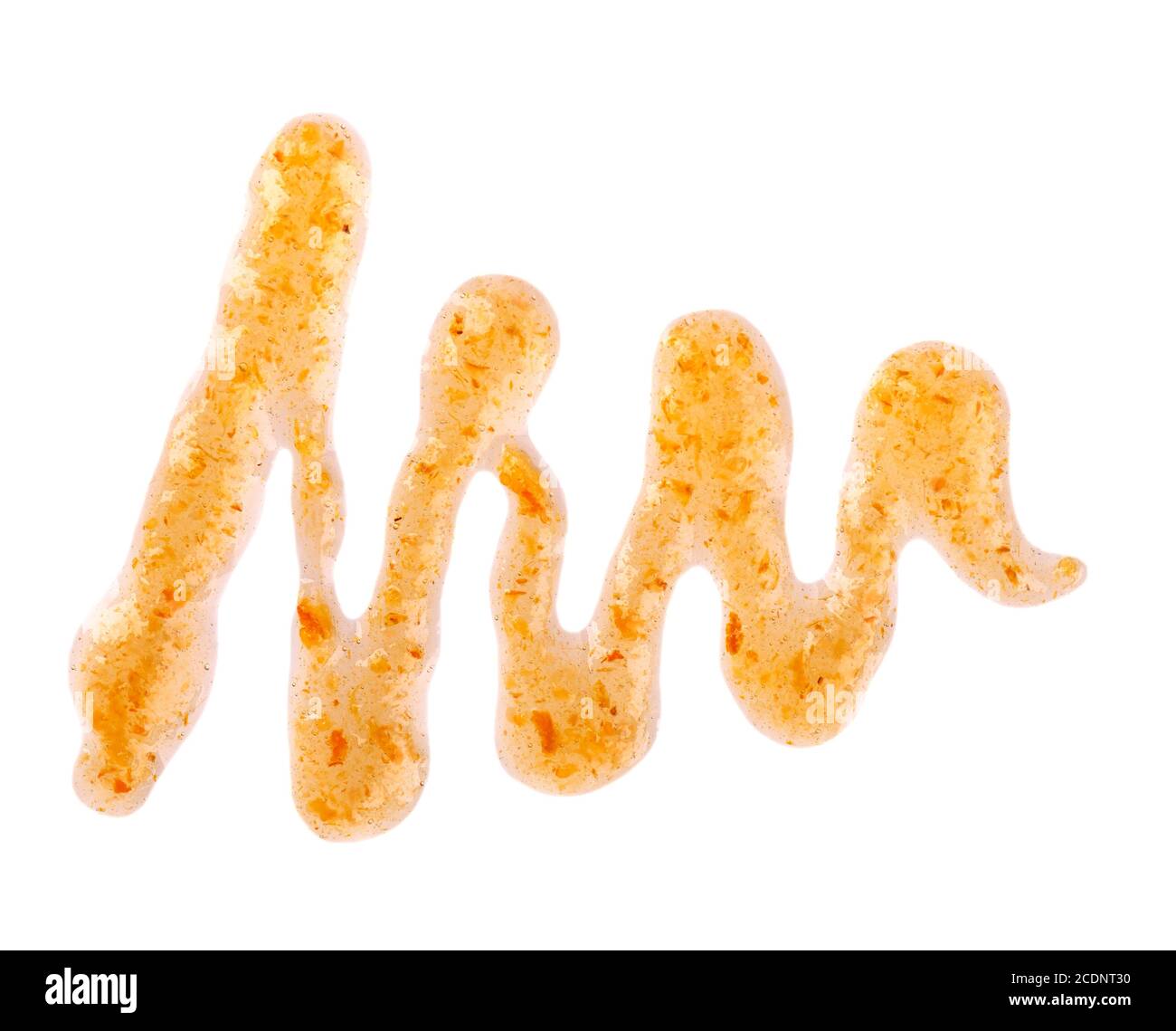 Arancione spessa marmellata di gocce, isolato su sfondo bianco. Marmellata di mandarini, confettura di fibbie marine, gocce di condimento. Vista dall'alto. Foto Stock