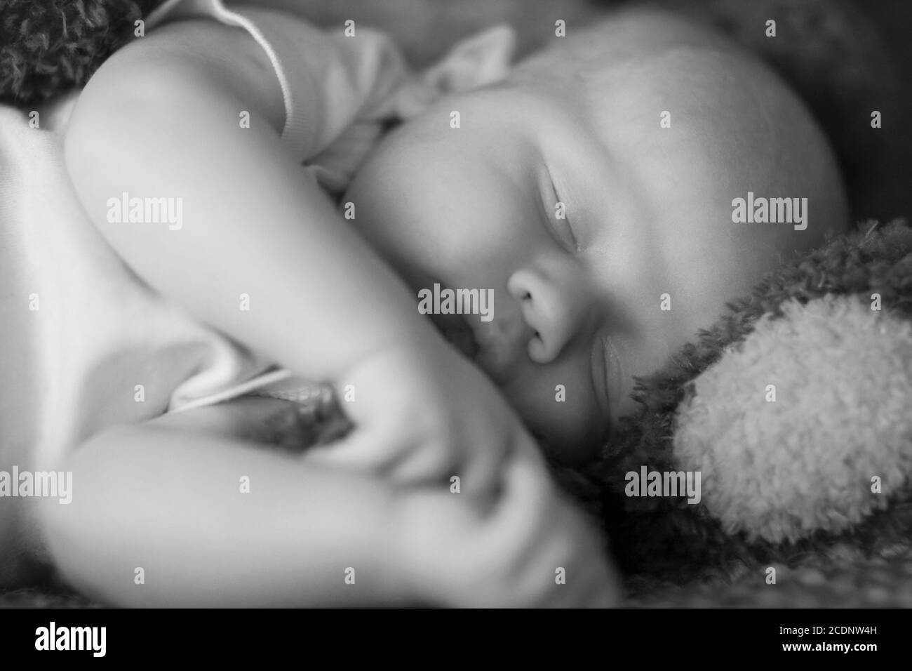 Immagine in bianco e nero di un bambino che dorme su giro di un orsacchiotto Foto Stock