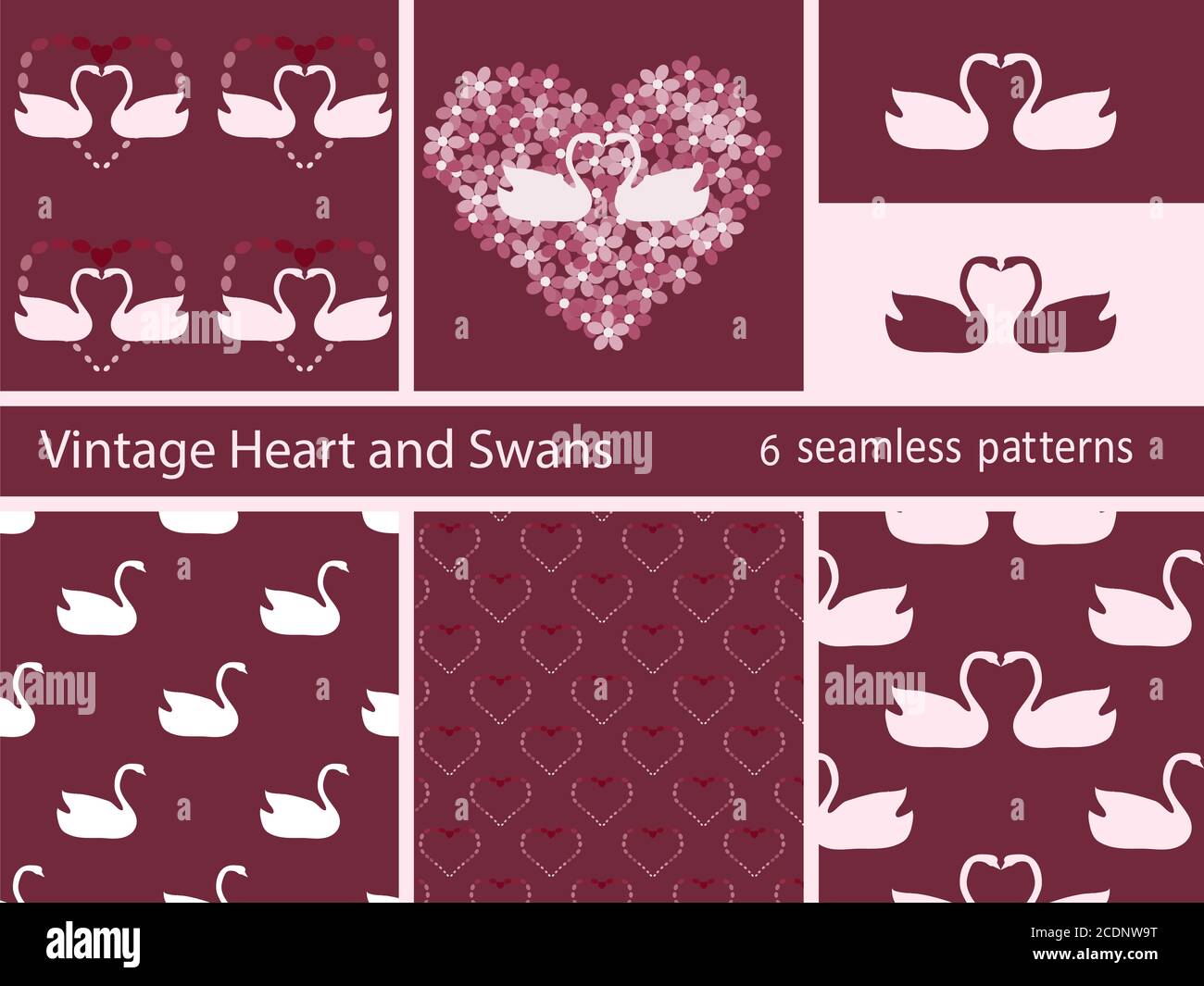 Set Vintage amore cigni e cuore Foto Stock