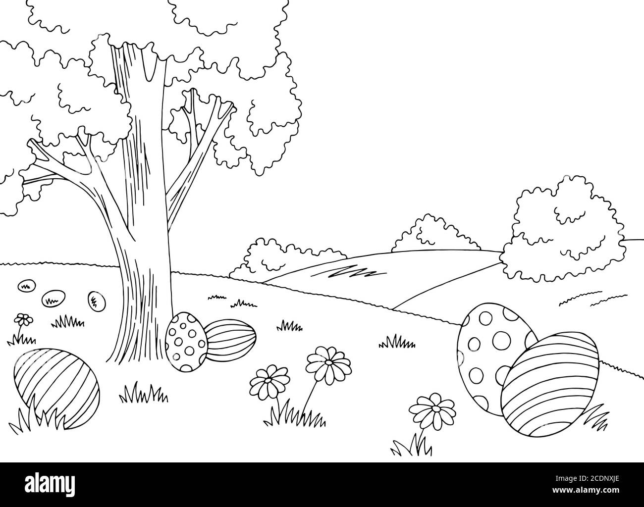 Uovo di Pasqua grafico nero bianco disegno paesaggio vettore illustrazione Illustrazione Vettoriale