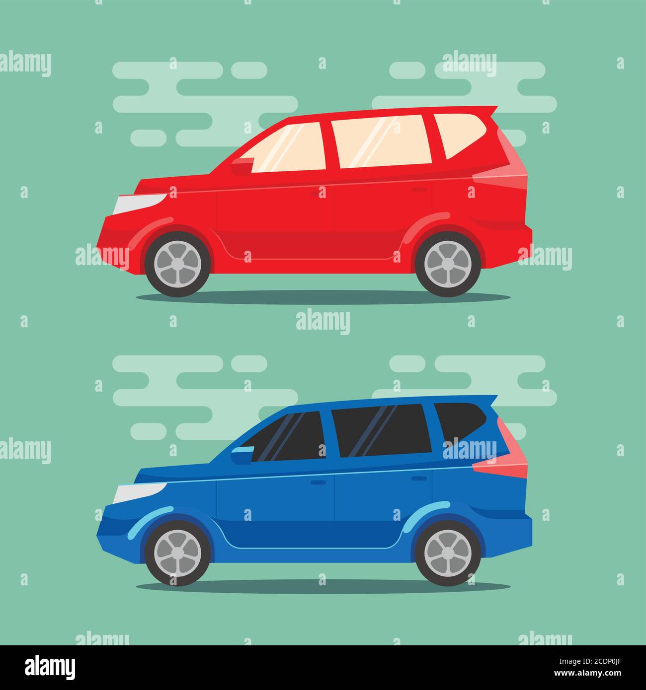 Minivan rosso e blu in stile piatto. Icone per il trasporto di veicoli multiuso. Illustrazioni vettoriali. Illustrazione Vettoriale