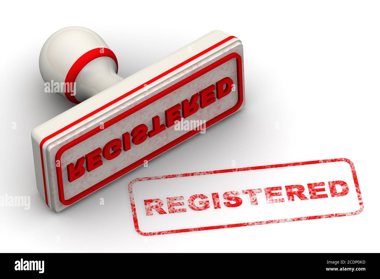 Registrato. Il timbro e un'impronta. Il timbro bianco e l'impronta rossa SONO REGISTRATI sulla superficie bianca. Illustrazione 3D Foto Stock