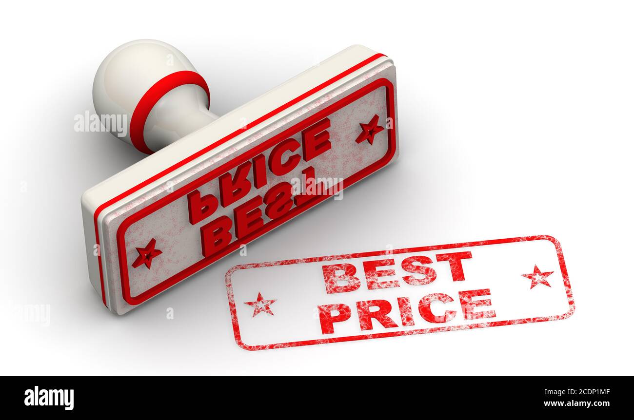 Miglior prezzo. Il timbro e un'impronta. Francobollo bianco e un'impronta MIGLIORE PREZZO su superficie bianca. Illustrazione 3D Foto Stock
