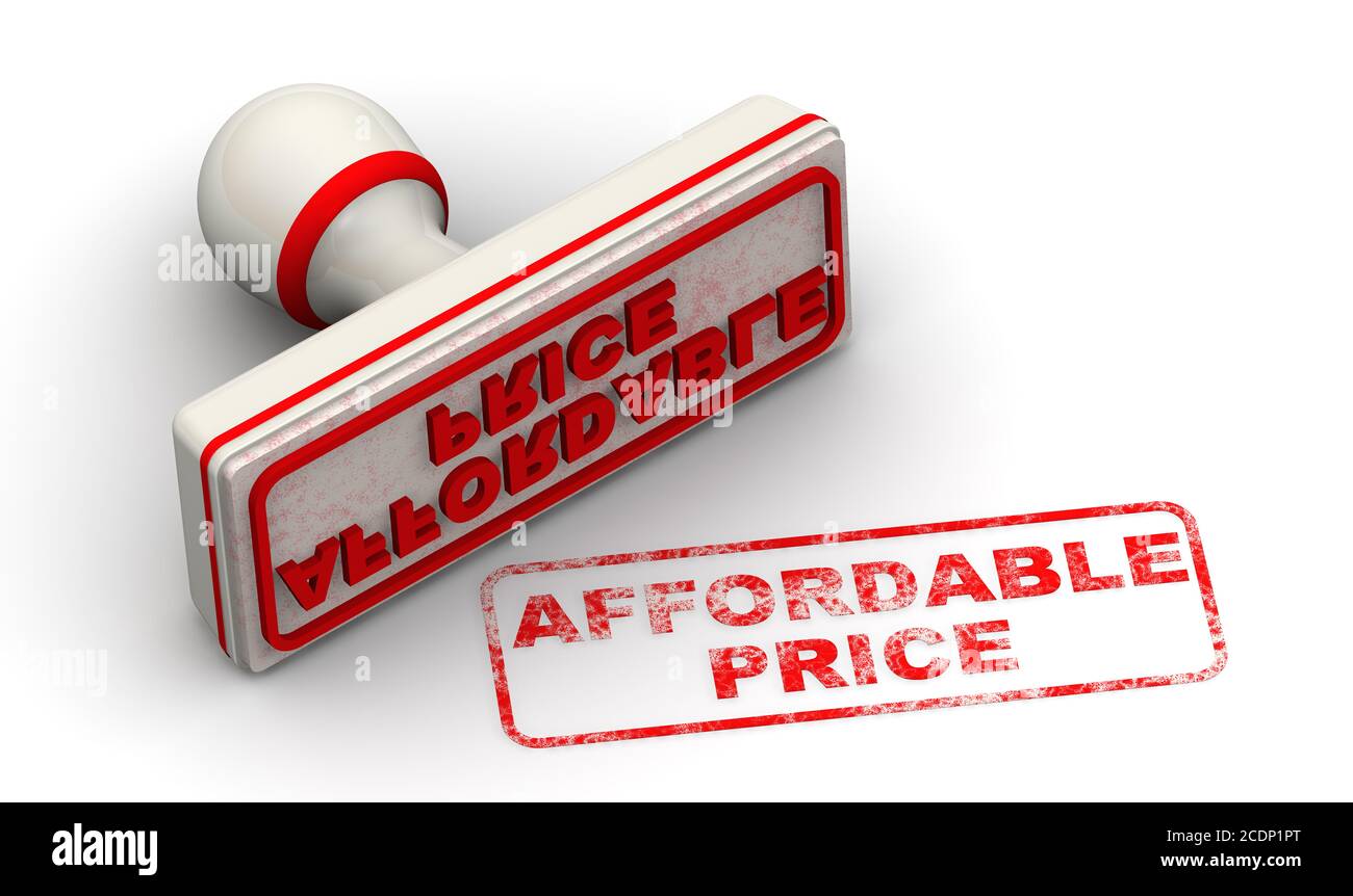 Prezzo accessibile. Il timbro e un'impronta. Il francobollo e la stampigliatura rossa AFFRODABLE PRICE sulla superficie bianca. Illustrazione 3D Foto Stock