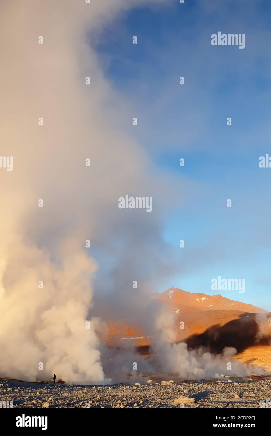 America del Sud - Bolivia. Il paesaggio surreale è quasi privo di tree, punteggiato da dolci colline e vulcani vicino al confine cileno. Il quadro presente ge Foto Stock