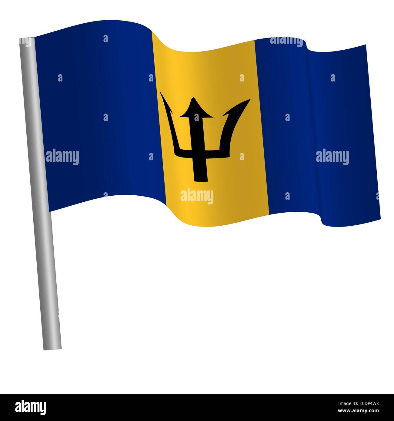 bandiera barbadiana che sventolava su un palo Foto Stock