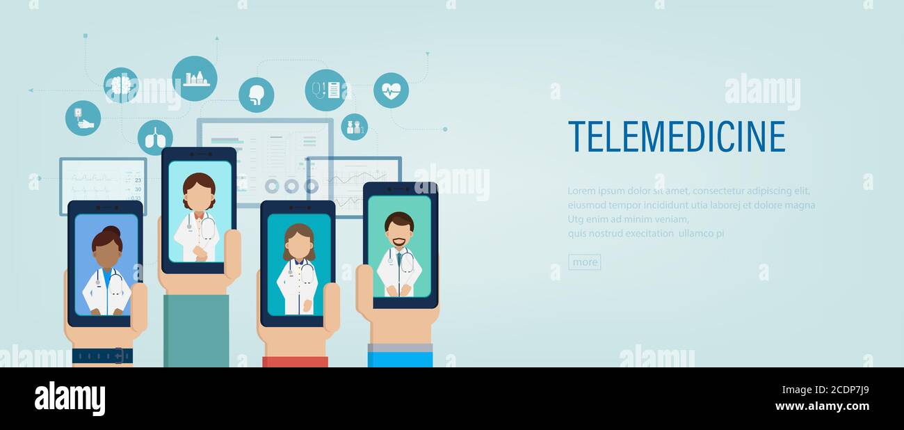 Banner medico online con i medici su telefoni cellulari flat design illustrazione vettoriale Illustrazione Vettoriale